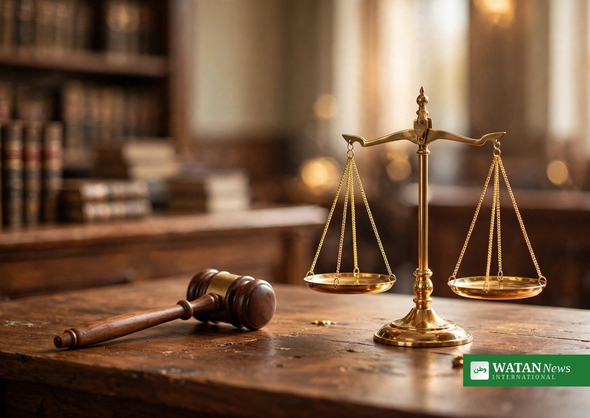عدالت میں ترازو اور ہتھوڑا — عدالتی کارروائی کا علامتی منظر