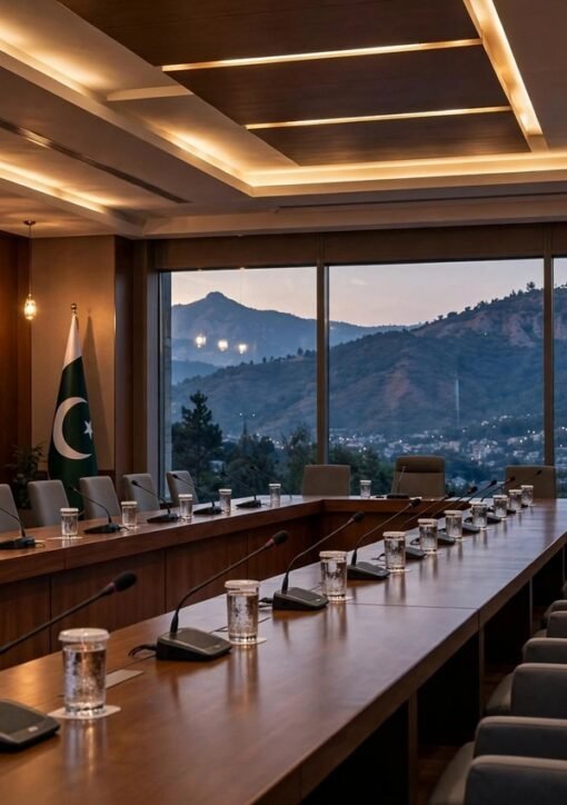 اسلام آباد میں مشاورتی ہال اور پاکستانی پرچم کی علامتی تصویر — جے یو آئی مجلس شوریٰ کے اجلاس کی علامتی عکاسی