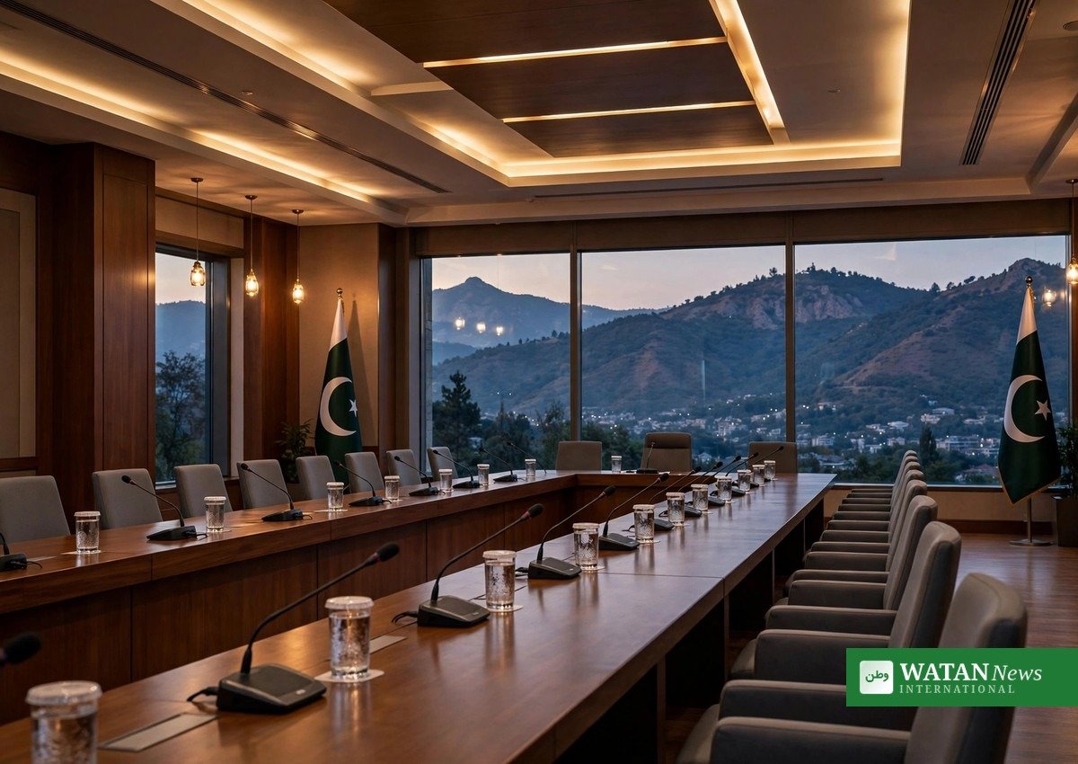 اسلام آباد میں مشاورتی ہال اور پاکستانی پرچم کی علامتی تصویر — جے یو آئی مجلس شوریٰ کے اجلاس کی علامتی عکاسی