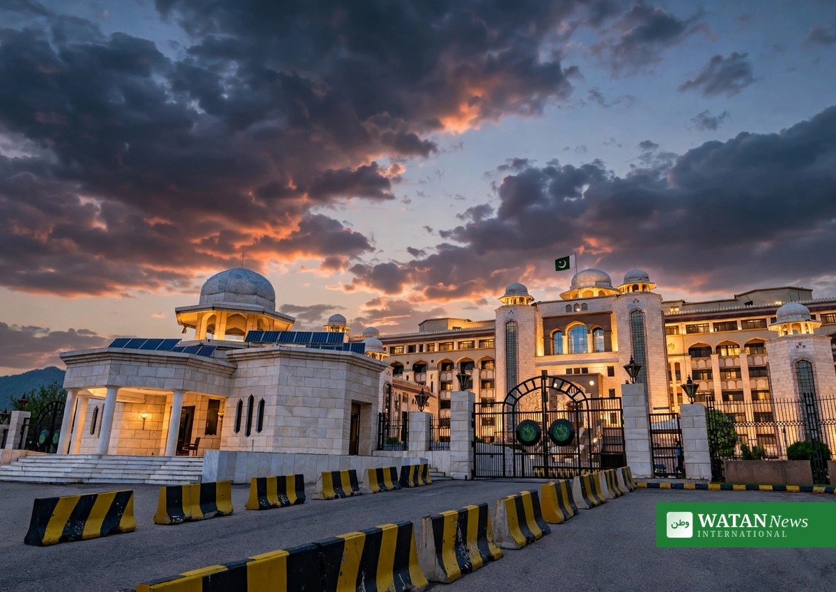 شام کے وقت سرکاری عمارت اور لہراتا پرچم — جے یو آئی مجلس شوریٰ کے اجلاس کی علامتی عکاسی