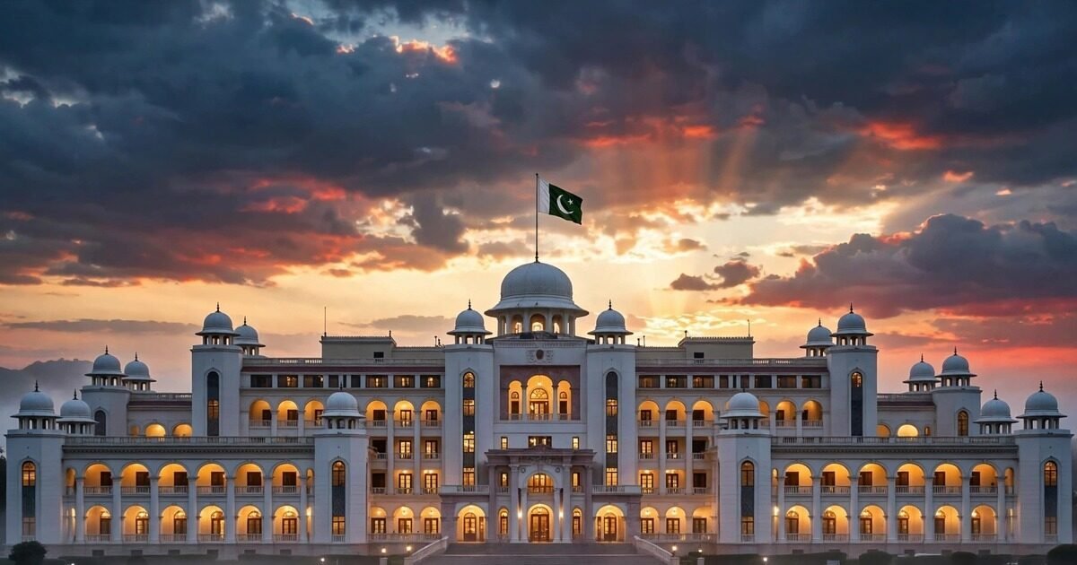 شام کے وقت گنبد والی سرکاری عمارت اور لہراتا پاکستانی پرچم — وزیراعظم ہاؤس کی علامتی تصویر
