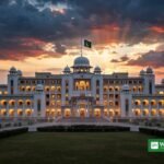 شام کے وقت گنبد والی سرکاری عمارت اور لہراتا پاکستانی پرچم — وزیراعظم ہاؤس کی علامتی تصویر
