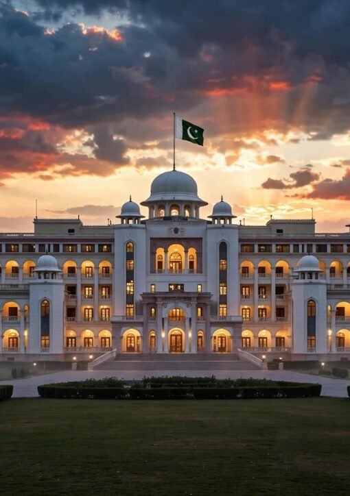 شام کے وقت گنبد والی سرکاری عمارت اور لہراتا پاکستانی پرچم — وزیراعظم ہاؤس کی علامتی تصویر