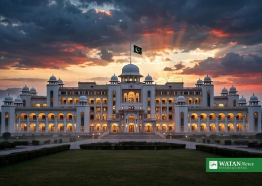 شام کے وقت گنبد والی سرکاری عمارت اور لہراتا پاکستانی پرچم — وزیراعظم ہاؤس کی علامتی تصویر
