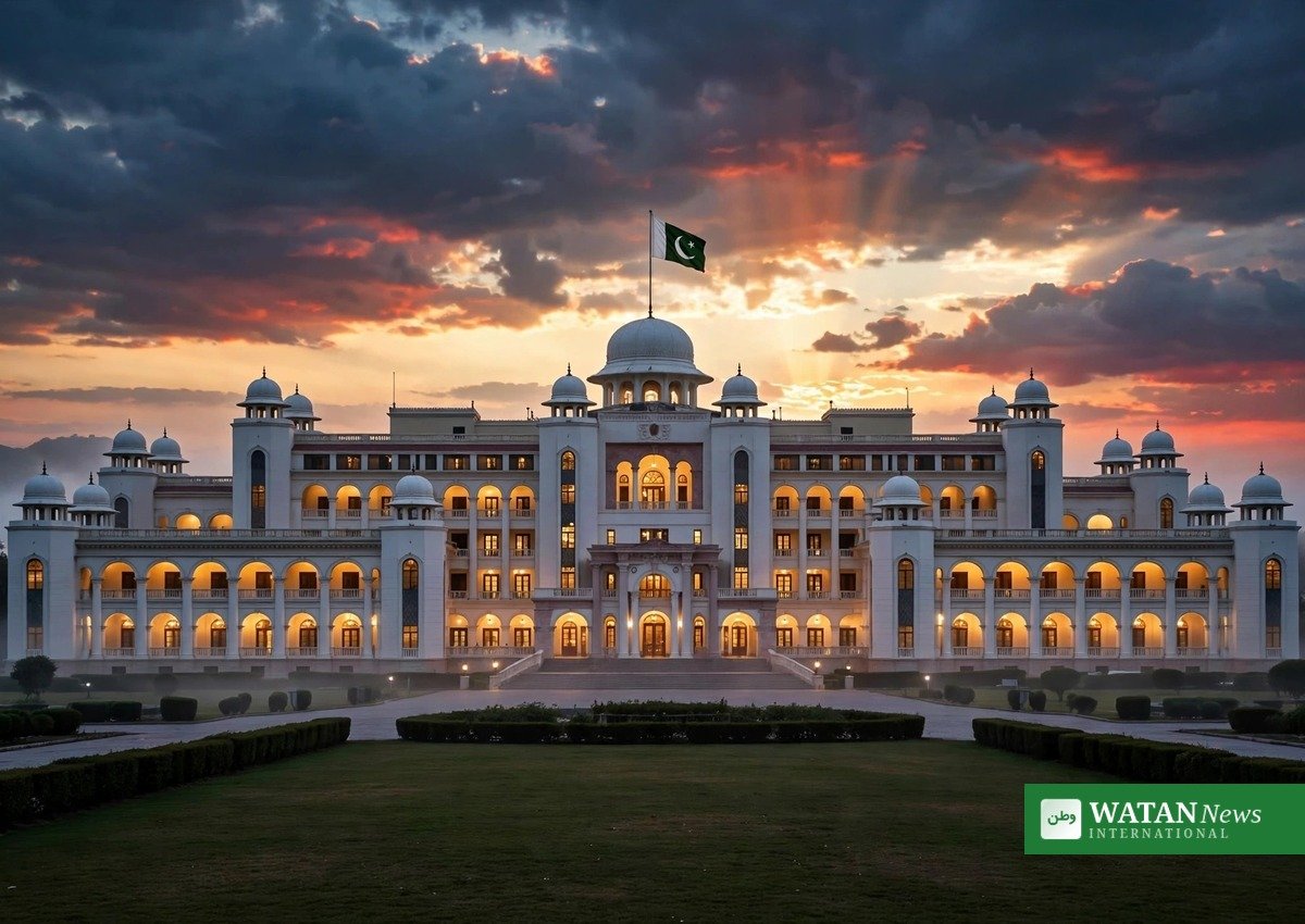 شام کے وقت گنبد والی سرکاری عمارت اور لہراتا پاکستانی پرچم — وزیراعظم ہاؤس کی علامتی تصویر
