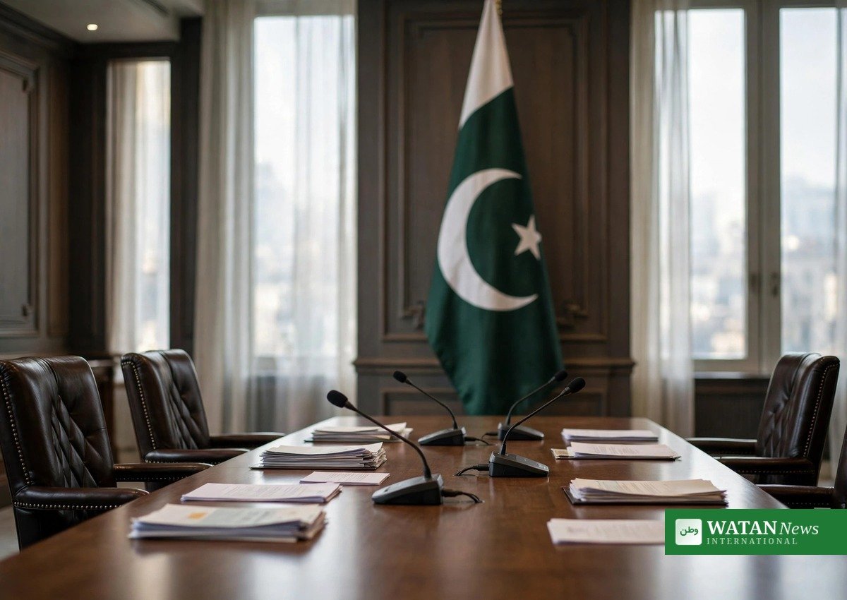 کانفرنس روم میں خالی مذاکراتی میز اور پس منظر میں پاکستانی پرچم — حکومت اور اپوزیشن مذاکرات کی علامتی تصویر