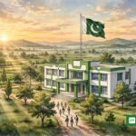 جدید دانش اسکول کی علامتی تصویر — صبح کے اجالے میں سبز و سفید عمارت، لہراتا پاکستانی پرچم اور ارد گرد درخت