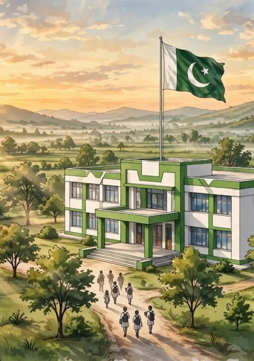 جدید دانش اسکول کی علامتی تصویر — صبح کے اجالے میں سبز و سفید عمارت، لہراتا پاکستانی پرچم اور ارد گرد درخت