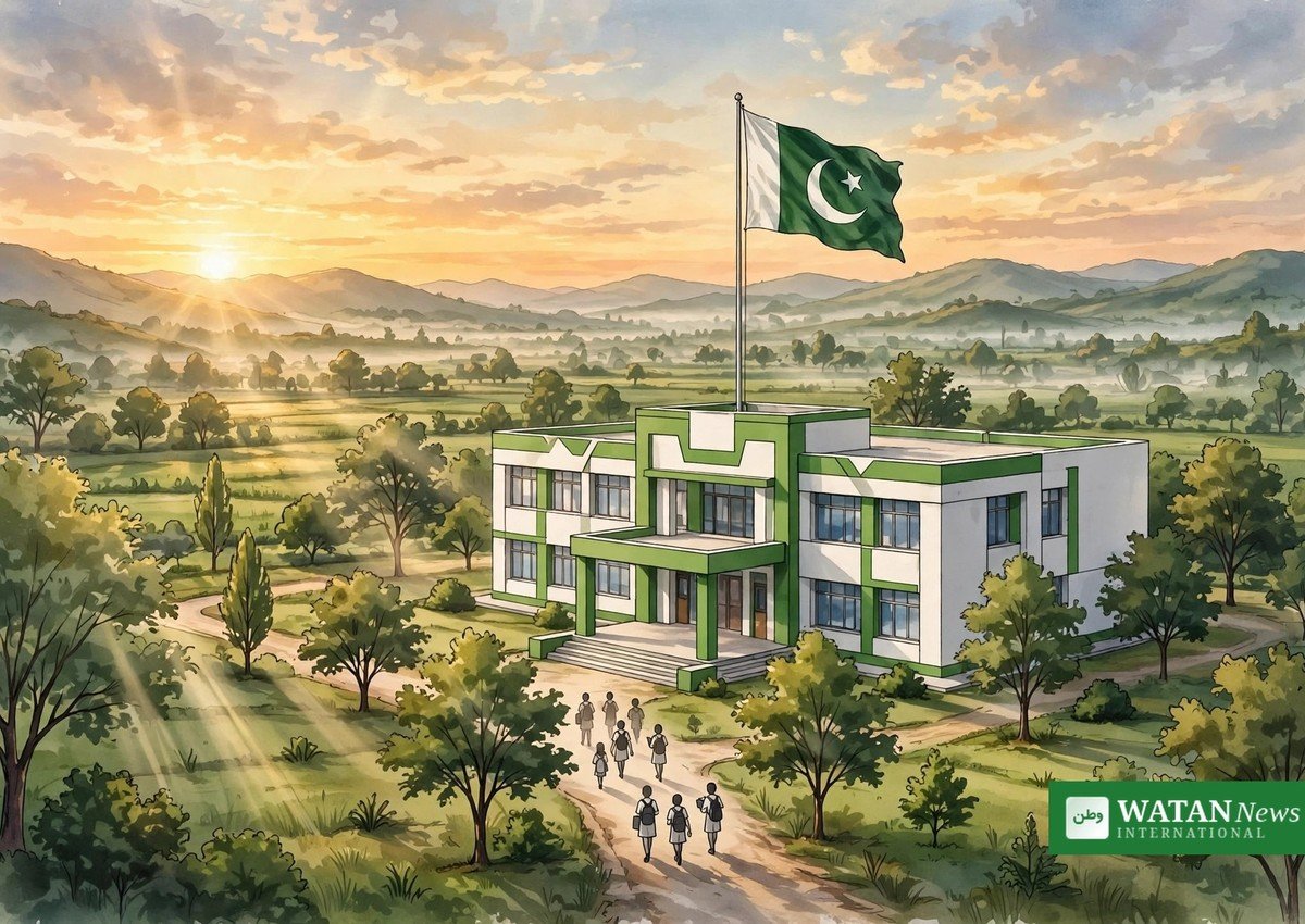 جدید دانش اسکول کی علامتی تصویر — صبح کے اجالے میں سبز و سفید عمارت، لہراتا پاکستانی پرچم اور ارد گرد درخت