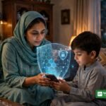 والدہ کی نگرانی میں بچے کے اسمارٹ فون کے اوپر چمکتی ڈیجیٹل حفاظتی شیلڈ — بچوں کے آن لائن تحفظ کی علامتی تصویر