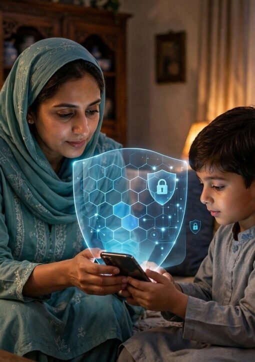 والدہ کی نگرانی میں بچے کے اسمارٹ فون کے اوپر چمکتی ڈیجیٹل حفاظتی شیلڈ — بچوں کے آن لائن تحفظ کی علامتی تصویر
