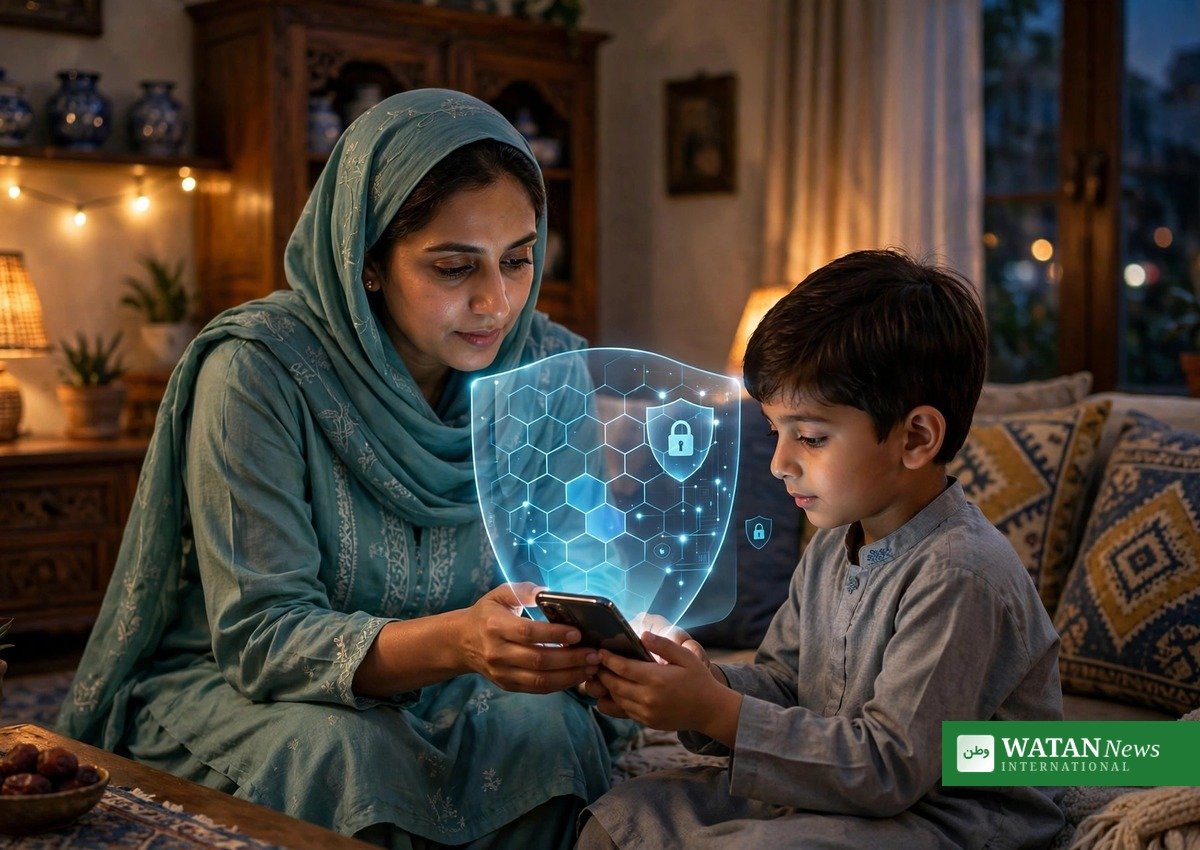والدہ کی نگرانی میں بچے کے اسمارٹ فون کے اوپر چمکتی ڈیجیٹل حفاظتی شیلڈ — بچوں کے آن لائن تحفظ کی علامتی تصویر