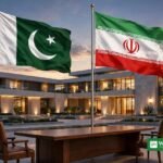 ایرانی اور پاکستانی پرچم کے ساتھ سرکاری عمارت — دونوں ممالک کے درمیان اعلیٰ سطح پر سفارتی رابطوں کی علامتی تصویر
