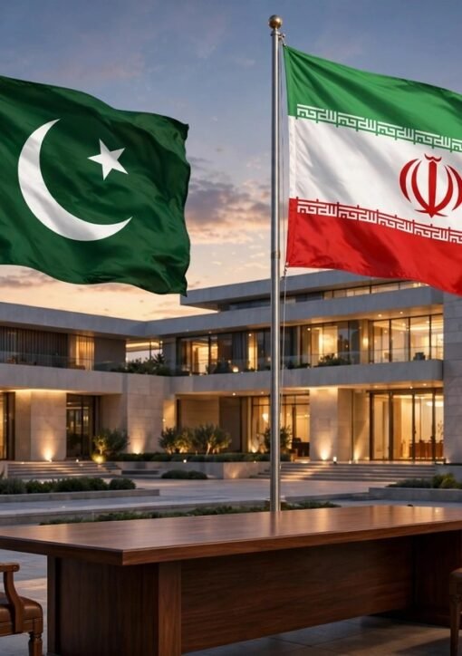 ایرانی اور پاکستانی پرچم کے ساتھ سرکاری عمارت — دونوں ممالک کے درمیان اعلیٰ سطح پر سفارتی رابطوں کی علامتی تصویر