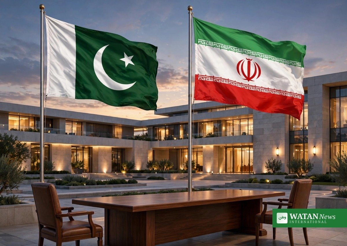 ایرانی اور پاکستانی پرچم کے ساتھ سرکاری عمارت — دونوں ممالک کے درمیان اعلیٰ سطح پر سفارتی رابطوں کی علامتی تصویر