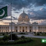 شام کے وقت گنبد والی صدارتی عمارت کے سامنے لہراتا پاکستانی پرچم — صوبوں سے متعلق امور میں صدر کے دستخط کے کردار کی علامتی تصویر