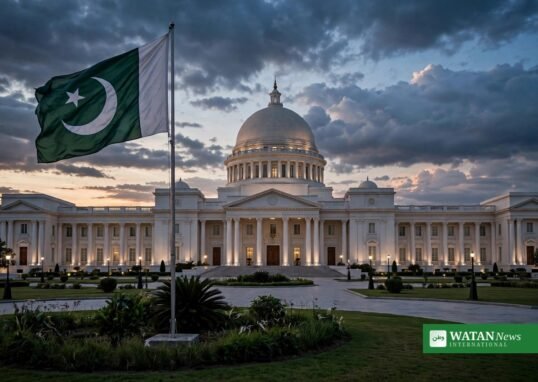 شام کے وقت گنبد والی صدارتی عمارت کے سامنے لہراتا پاکستانی پرچم — صوبوں سے متعلق امور میں صدر کے دستخط کے کردار کی علامتی تصویر