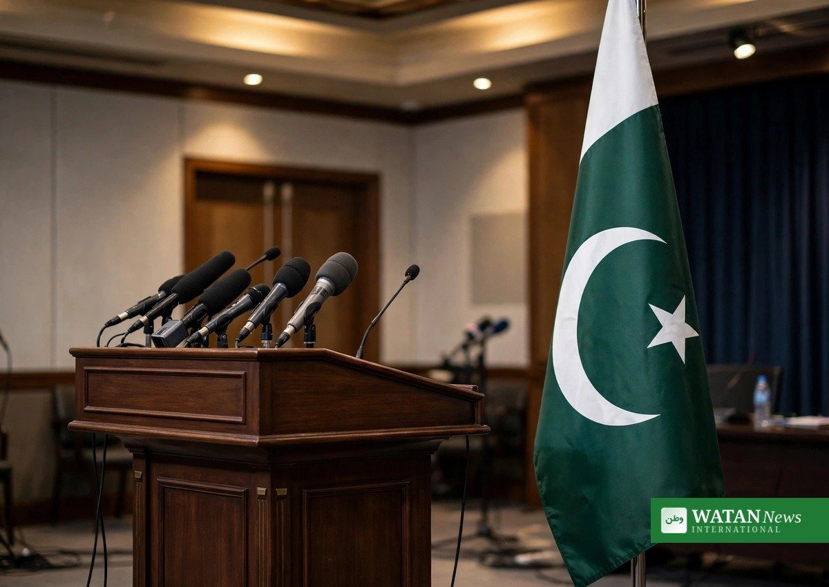 سرکاری پریس روم میں مائیکروفون اور پاکستانی پرچم — میڈیا سے گفتگو کی علامتی تصویر