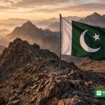 طلوعِ آفتاب کے وقت پہاڑوں کے درمیان لہراتا پاکستانی پرچم — بلوچستان میں سیکیورٹی فورسز کی کارروائیوں کی علامتی تصویر