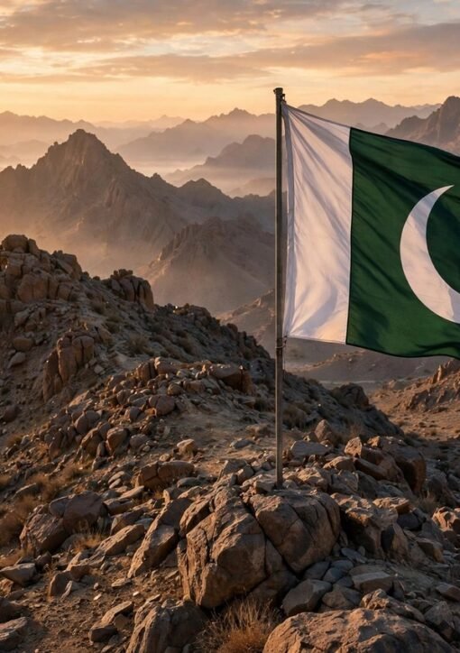 طلوعِ آفتاب کے وقت پہاڑوں کے درمیان لہراتا پاکستانی پرچم — بلوچستان میں سیکیورٹی فورسز کی کارروائیوں کی علامتی تصویر