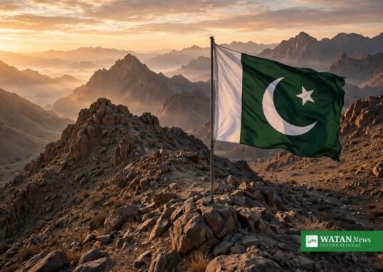 طلوعِ آفتاب کے وقت پہاڑوں کے درمیان لہراتا پاکستانی پرچم — بلوچستان میں سیکیورٹی فورسز کی کارروائیوں کی علامتی تصویر