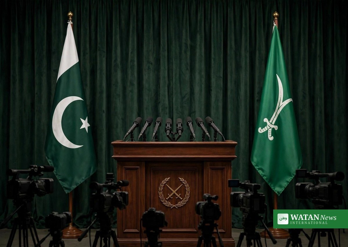 انڈیپنڈنٹ عربیہ کو ڈی جی آئی ایس پی آر کے انٹرویو کی علامتی تصویر — بریفنگ پوڈیم، مائیکروفون اور پاک سعودی پرچم