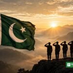 طلوعِ آفتاب کے وقت پہاڑی چوٹی پر سلامی دیتے فوجی جوان اور لہراتا پاکستانی پرچم — نواز شریف کے پاک فوج کی قربانیوں کو خراجِ تحسین کی علامتی تصویر