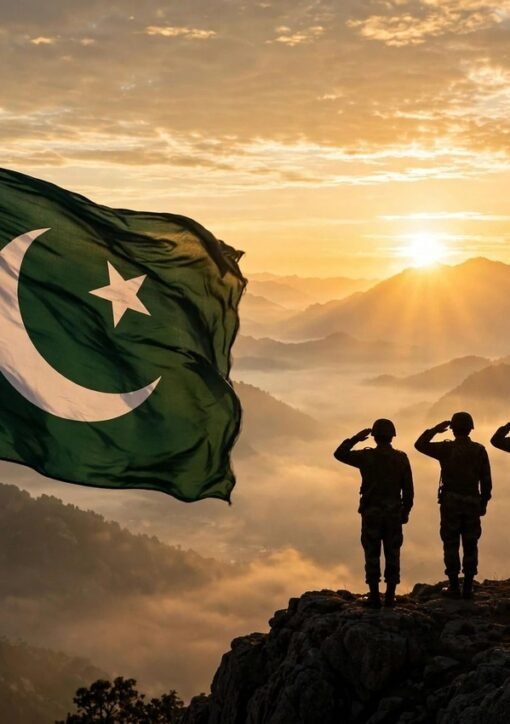 طلوعِ آفتاب کے وقت پہاڑی چوٹی پر سلامی دیتے فوجی جوان اور لہراتا پاکستانی پرچم — نواز شریف کے پاک فوج کی قربانیوں کو خراجِ تحسین کی علامتی تصویر