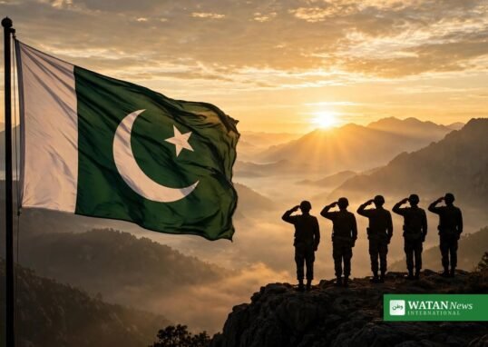 طلوعِ آفتاب کے وقت پہاڑی چوٹی پر سلامی دیتے فوجی جوان اور لہراتا پاکستانی پرچم — نواز شریف کے پاک فوج کی قربانیوں کو خراجِ تحسین کی علامتی تصویر
