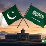 غروبِ آفتاب کے وقت پاکستان اور سعودی عرب کے پرچم ایک عسکری عمارت کے اوپر — سعودی سفیر کی فیلڈ مارشل عاصم منیر سے ملاقات کی علامتی تصویر