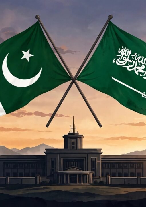 غروبِ آفتاب کے وقت پاکستان اور سعودی عرب کے پرچم ایک عسکری عمارت کے اوپر — سعودی سفیر کی فیلڈ مارشل عاصم منیر سے ملاقات کی علامتی تصویر