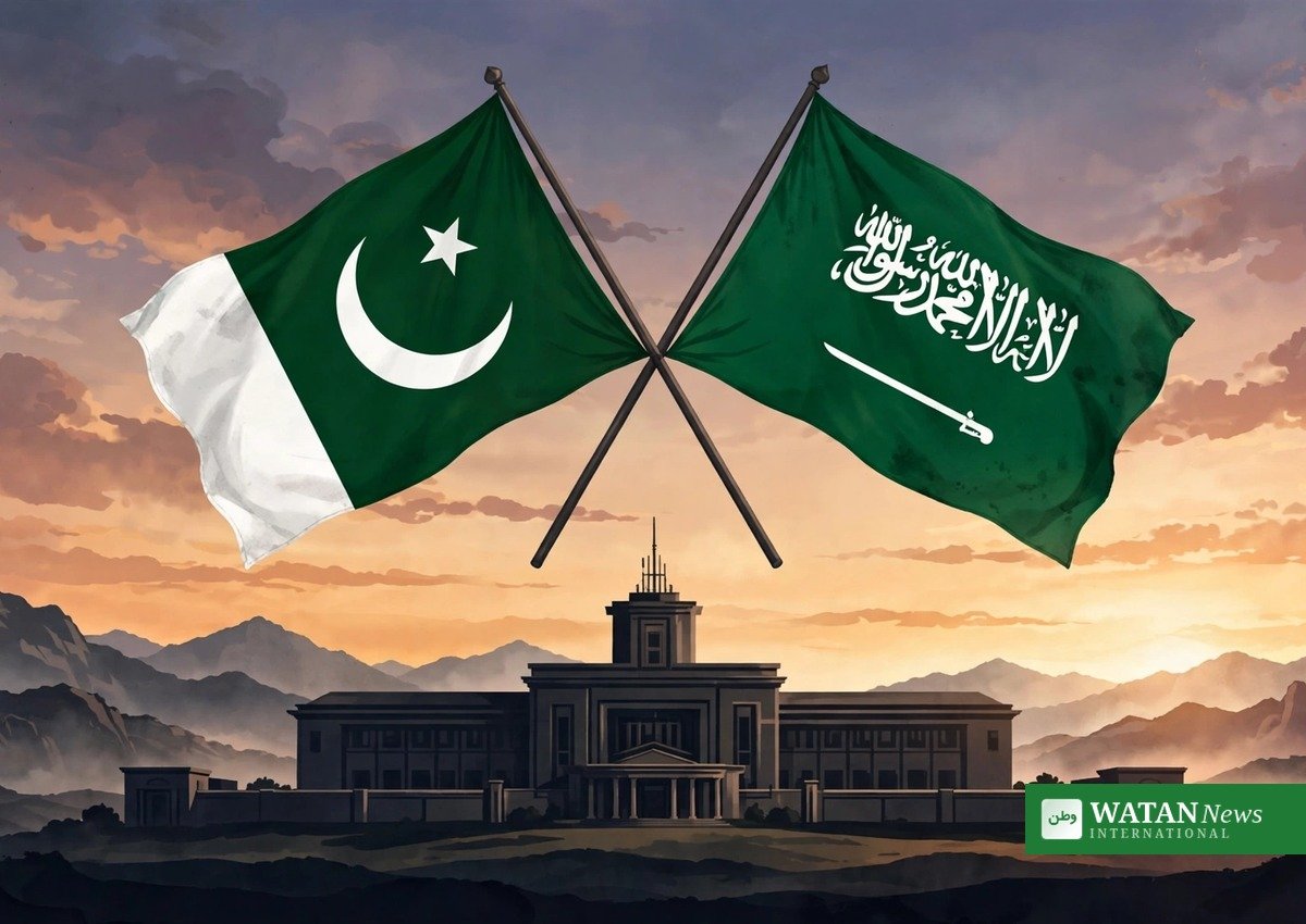 غروبِ آفتاب کے وقت پاکستان اور سعودی عرب کے پرچم ایک عسکری عمارت کے اوپر — سعودی سفیر کی فیلڈ مارشل عاصم منیر سے ملاقات کی علامتی تصویر