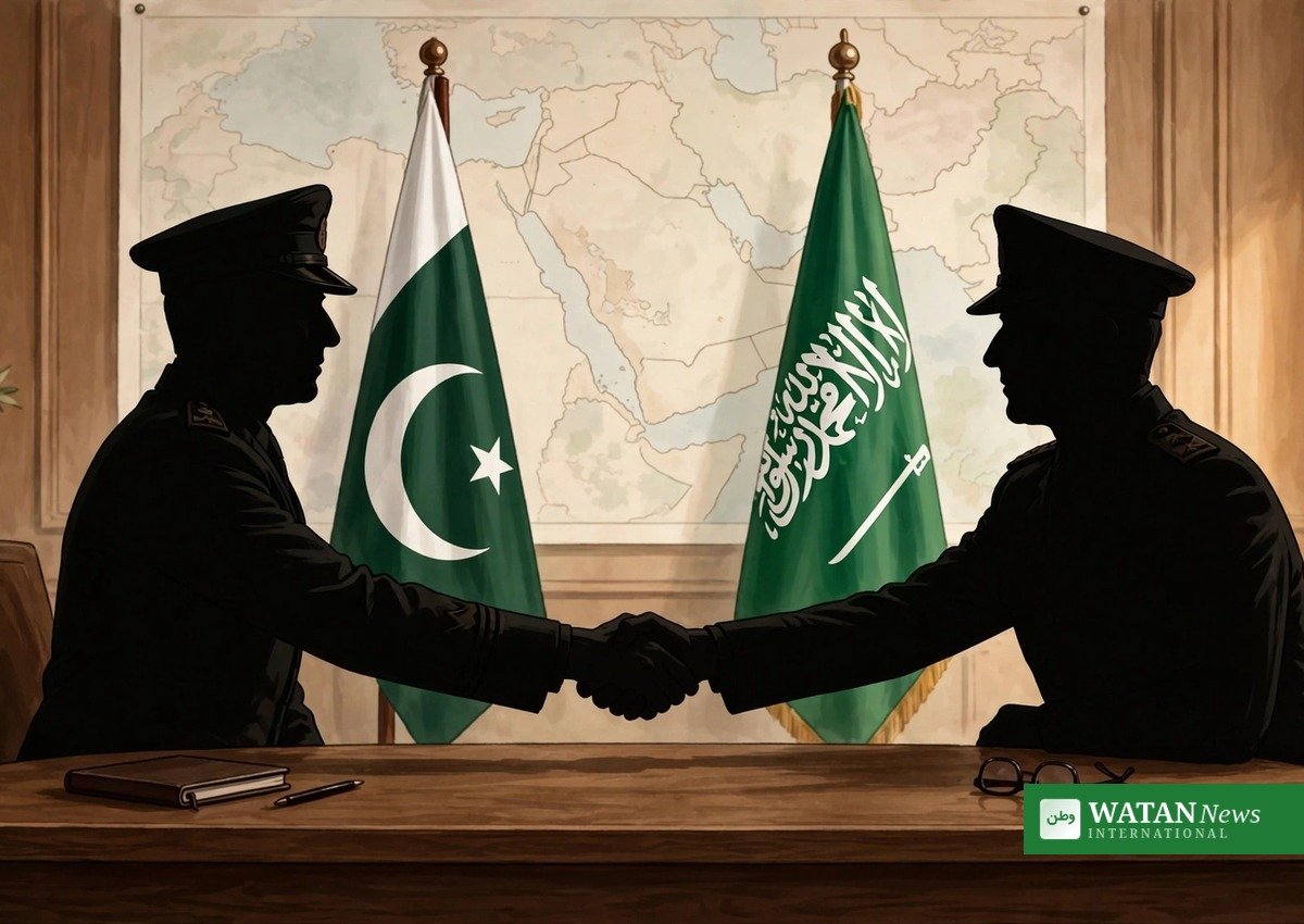 پاک سعودی پرچموں کے سامنے مصافحہ کرتے دو فوجی افسروں کی علامتی تصویر — جی ایچ کیو ملاقات میں دفاعی تعاون پر بات چیت