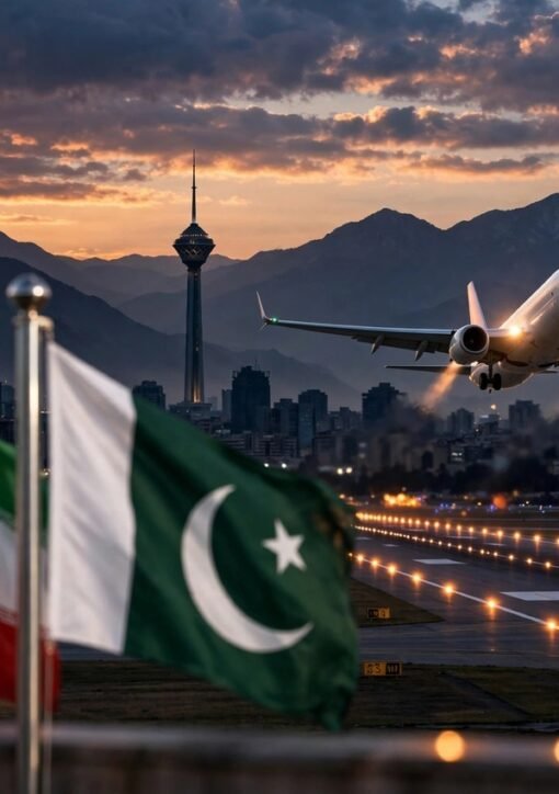 شام کے وقت تہران کی فضائی فضا اور ہوائی جہاز کی علامتی تصویر — عاصم منیر ایران دورہ کی خبر