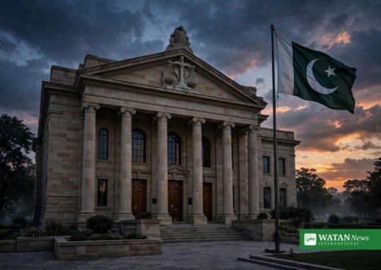 شام کے وقت عدالت کی عمارت اور پاکستانی پرچم کی علامتی تصویر — راء مبینہ ایجنٹ اپیل کی خبر