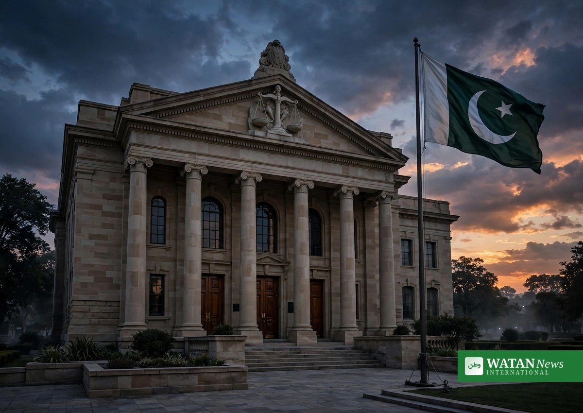 شام کے وقت عدالت کی عمارت اور پاکستانی پرچم کی علامتی تصویر — راء مبینہ ایجنٹ اپیل کی خبر
