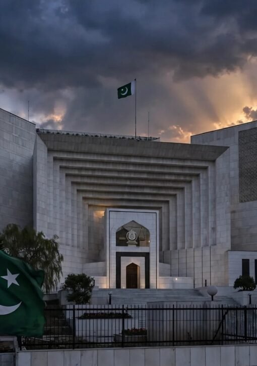 شام کے وقت عدالت کی عمارت اور پاکستانی پرچم کی علامتی تصویر — گورنر راج ایمرجنسی کیس کی خبر