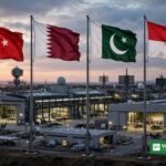 دوحہ میں دستخط کی تیاری کے حوالے سے چار ممالک کے پرچم اور دفاعی صنعت کی علامتی تصویر — دفاعی صنعتی تعاون معاہدہ کی خبر
