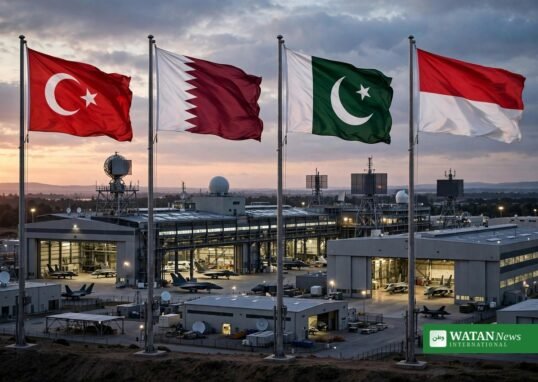 دوحہ میں دستخط کی تیاری کے حوالے سے چار ممالک کے پرچم اور دفاعی صنعت کی علامتی تصویر — دفاعی صنعتی تعاون معاہدہ کی خبر