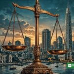 کراچی کے پس منظر میں انصاف کے ترازو کی علامتی تصویر، میر رضا کیس کی عدالتی رپورٹ