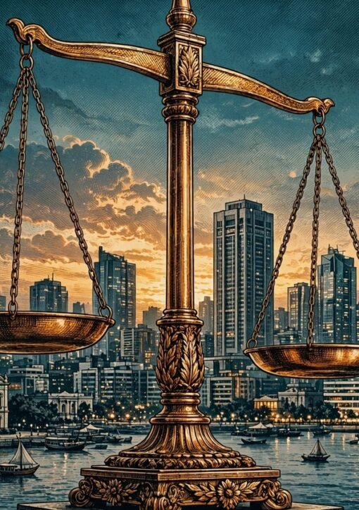 کراچی کے پس منظر میں انصاف کے ترازو کی علامتی تصویر، میر رضا کیس کی عدالتی رپورٹ