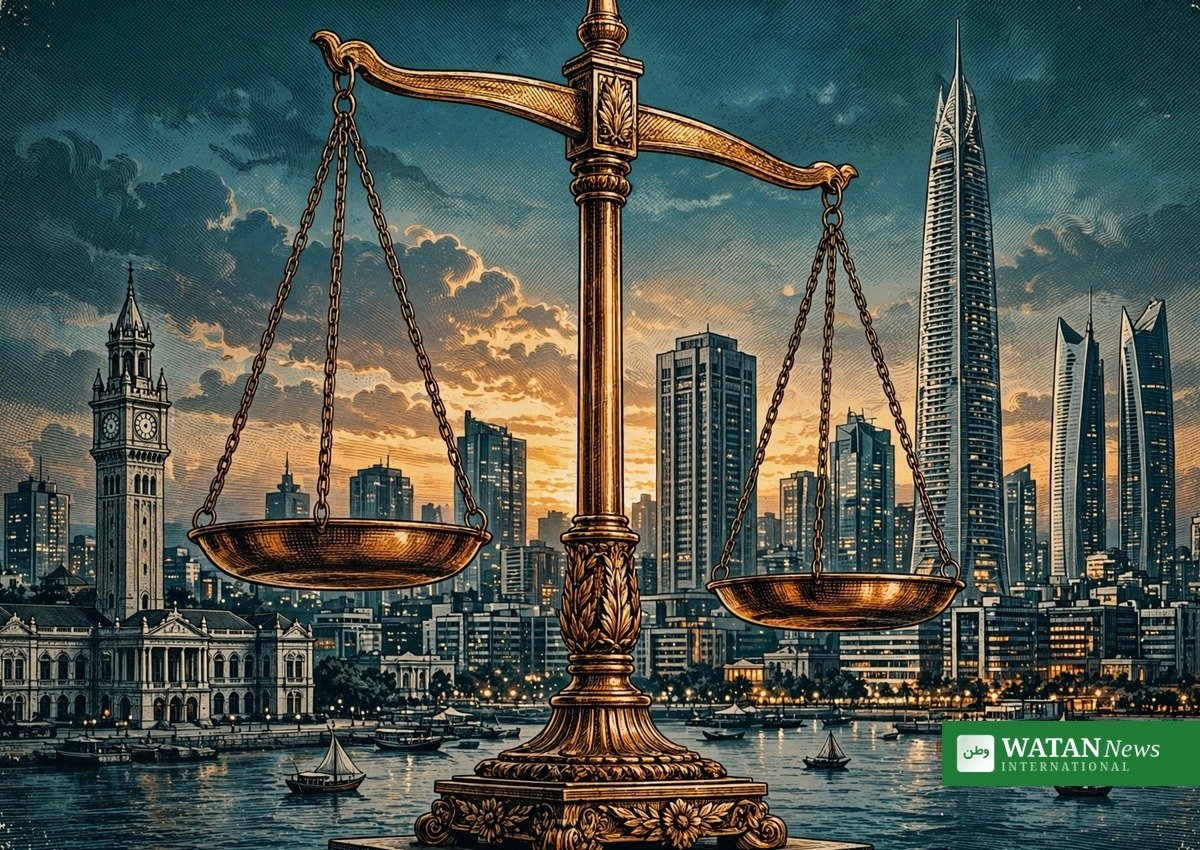کراچی کے پس منظر میں انصاف کے ترازو کی علامتی تصویر، میر رضا کیس کی عدالتی رپورٹ