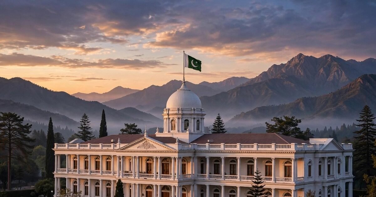 شام کے وقت پشاور کے گورنر ہاؤس اور پاکستانی پرچم کی علامتی تصویر — شہباز شریف پشاور دورہ ملتوی کی خبر