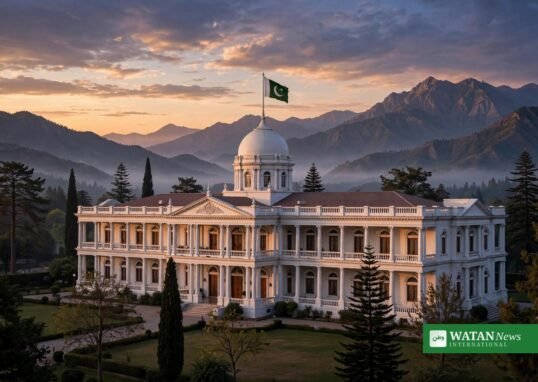 شام کے وقت پشاور کے گورنر ہاؤس اور پاکستانی پرچم کی علامتی تصویر — شہباز شریف پشاور دورہ ملتوی کی خبر