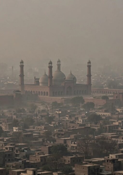 لاہور فضائی آلودگی کی علامتی تصویر میں دھند میں ڈوبا شہر کا منظر