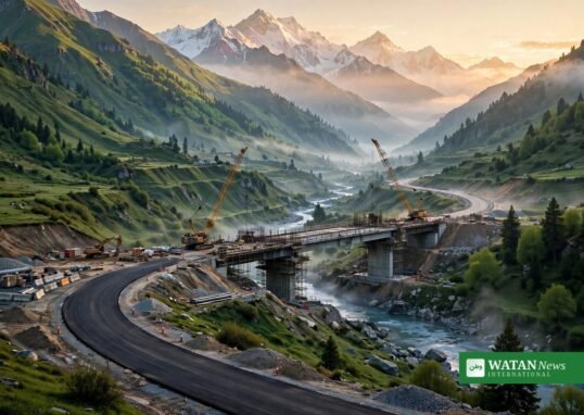 خیبر پختونخوا میں پہاڑی وادی میں زیر تعمیر شاہراہ اور پل