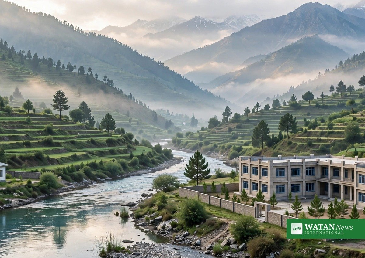 خیبر پختونخوا کی وادی میں دریا کے کنارے نئی عمارتیں