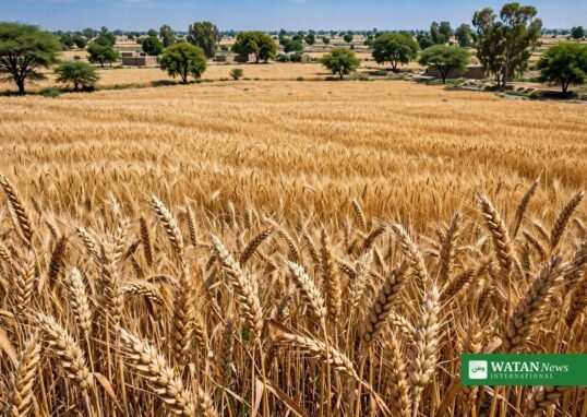 پکی ہوئی سنہری گندم کا وسیع کھیت اور دیہی منظر