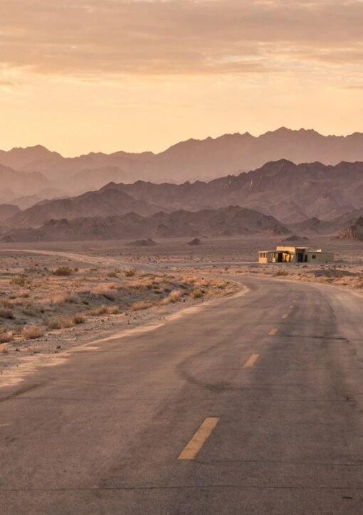 غروب آفتاب کے وقت سرحدی علاقے کی سڑک اور پہاڑی منظر