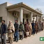 سرکاری دفتر کے باہر امداد کے لیے قطار میں کھڑے عام شہری